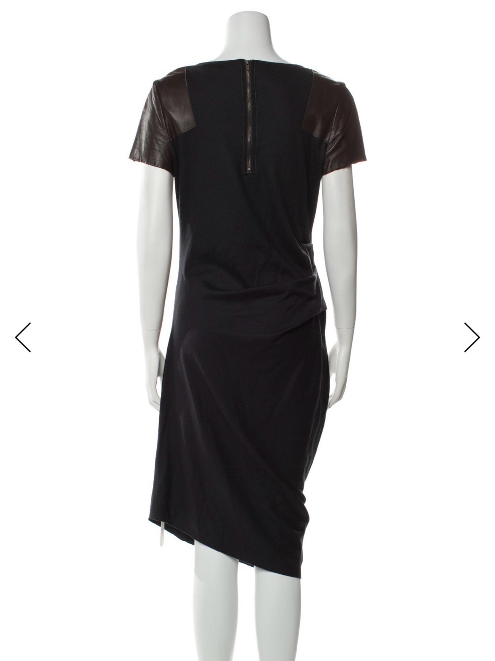HALSTON HERITAGE Black Dress with Brown Leather Sleeve Accents, Side Ruching, 8